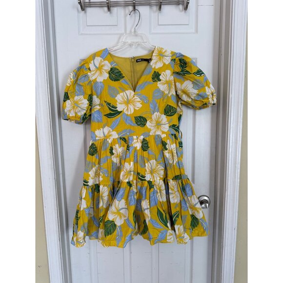 INA Yellow Tropical Floral Short sleeve V-neck Mini Dress Size Large - Picture 3 of 13